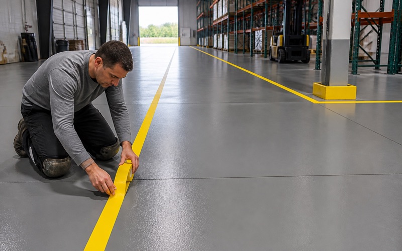 A worker marking a yellow boundary line on a warehouse floor.