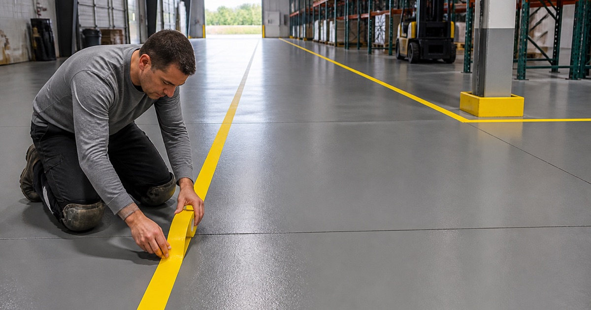 A worker marking a yellow boundary line on a warehouse floor.