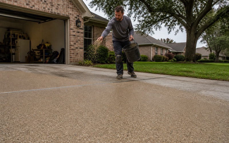 A worker coating a concrete driveway outside a garage.