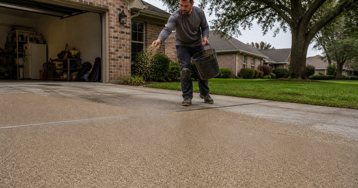 A worker coating a concrete driveway outside a garage.