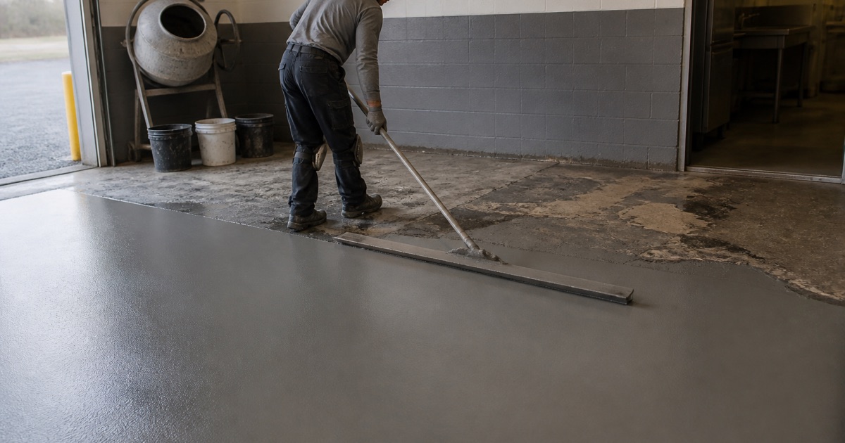 A worker spreading resurfacing material across a garage floor.