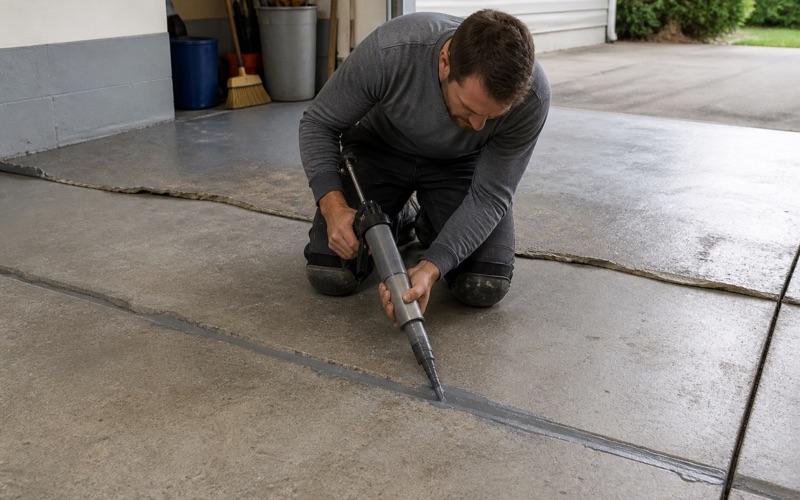 A worker filling a control joint in a concrete garage slab.