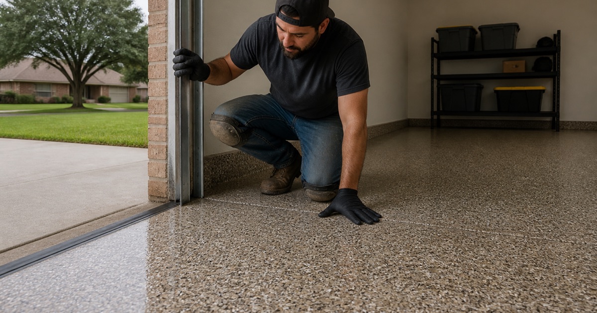 A worker inspecting the edge of a finished garage floor.