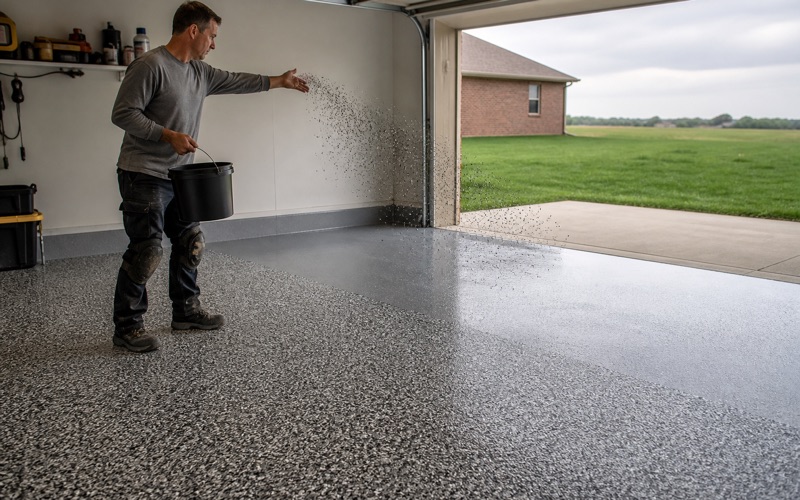A worker preparing to coat a flake garage floor.