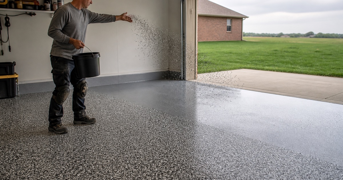 A worker preparing to coat a flake garage floor.