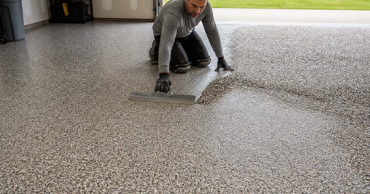 A worker spreading decorative flakes across a garage floor.