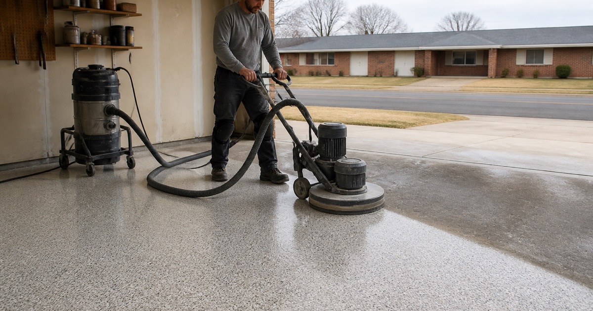 A worker grinding a garage slab with a dust extractor attached.