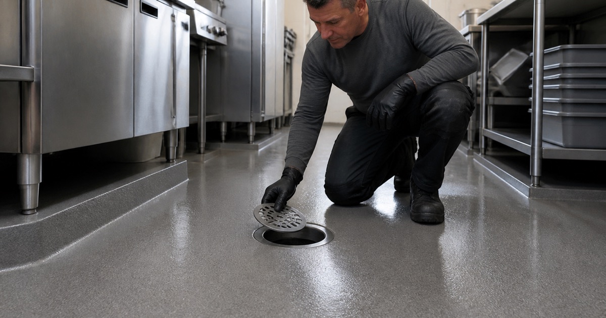 A worker checking a floor drain in a commercial kitchen.