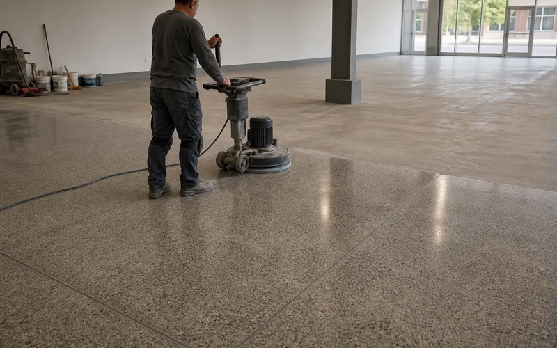 A worker polishing concrete inside a large commercial room.