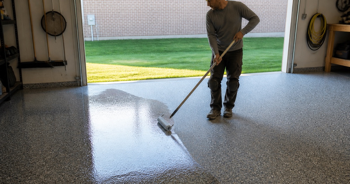 A worker rolling a glossy coating onto a garage floor.