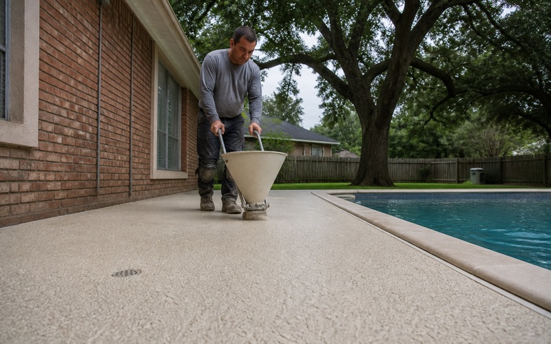 A worker pouring resurfacing material onto a pool deck.