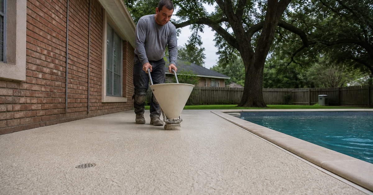 A worker pouring resurfacing material onto a pool deck.