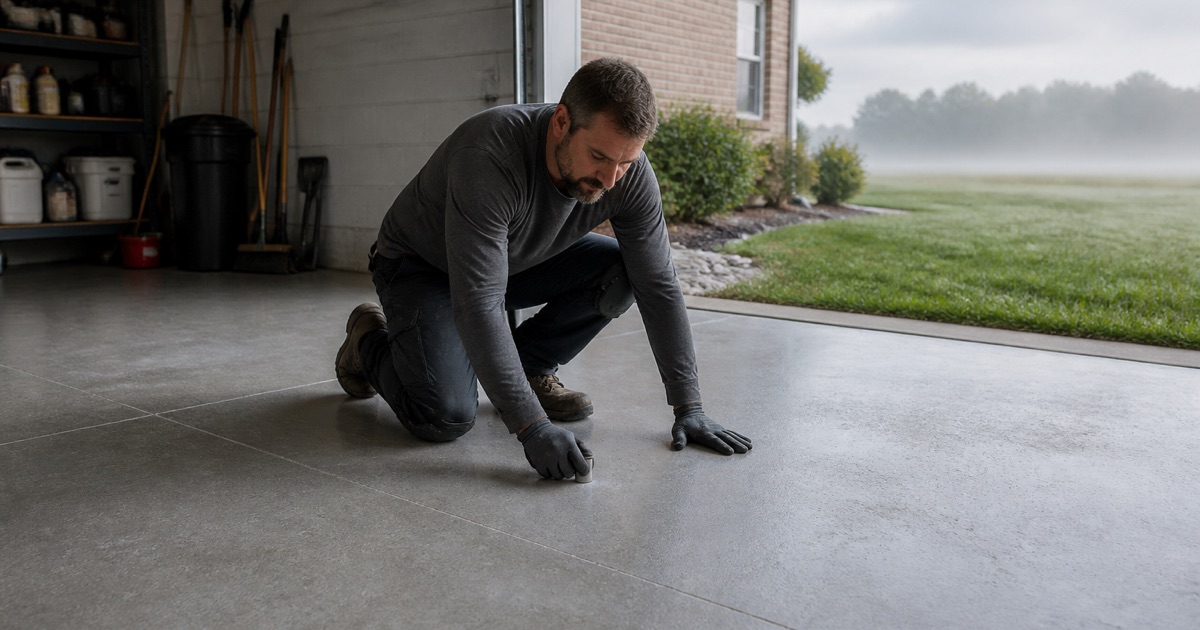 A worker checking a bare concrete garage slab beside an open doorway.