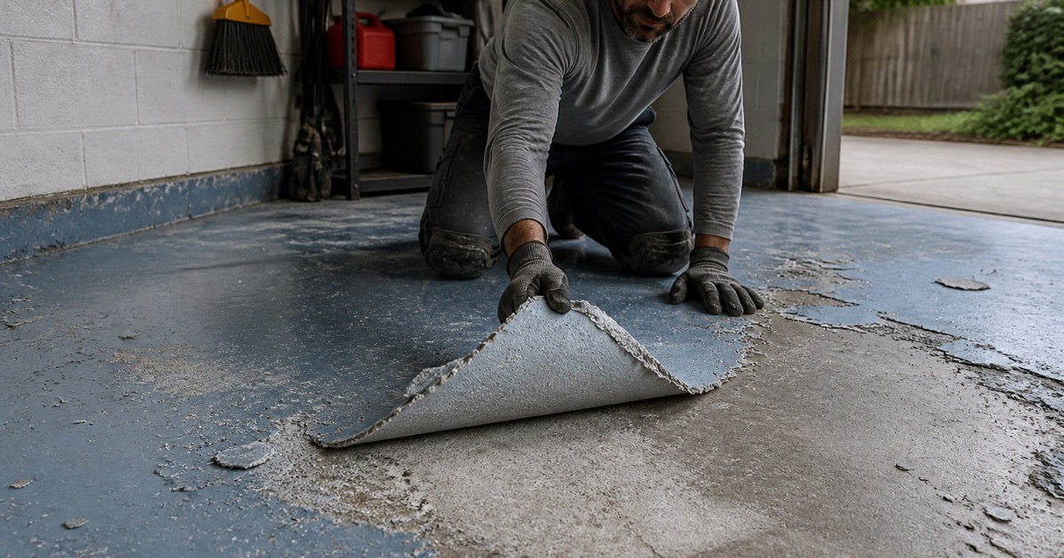 A worker peeling failed coating from a damaged concrete floor.